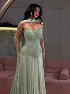 Luxury Sage Green Beaded Corset Chiffon A Line Dress LA73920