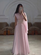Luxury Pink Beaded Chiffon A Line Dress Cape Sleeves LA73921