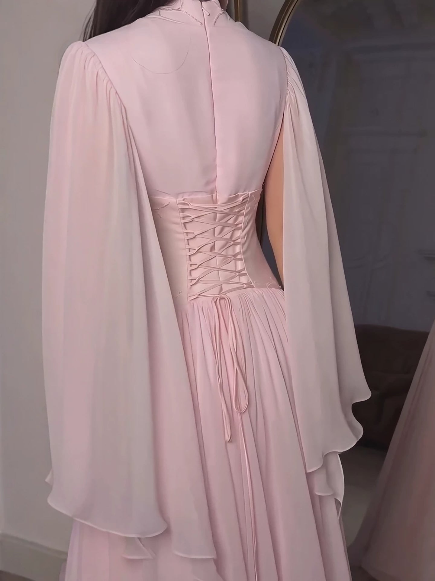 Luxury Pink Beaded Chiffon A Line Dress Cape Sleeves LA73921