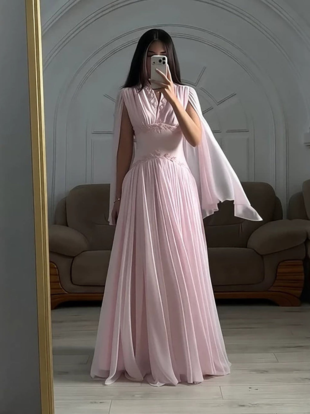 Luxury Pink Beaded Chiffon A Line Dress Cape Sleeves LA73921