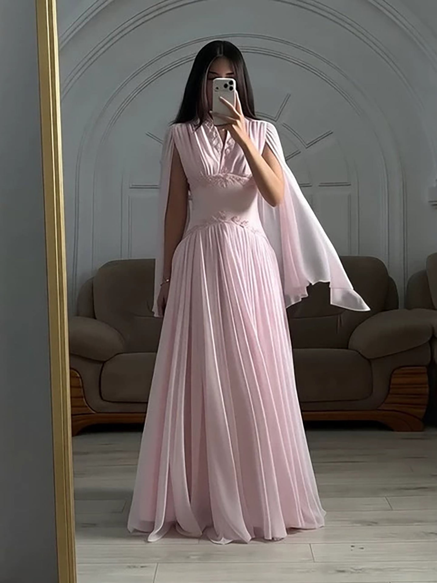 Luxury Pink Beaded Chiffon A Line Dress Cape Sleeves LA73921