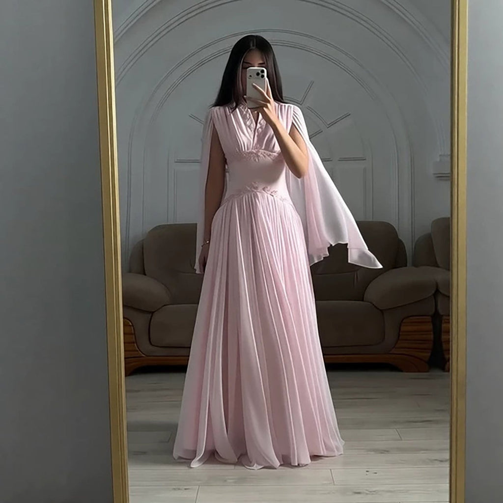 Luxury Pink Beaded Chiffon A Line Dress Cape Sleeves LA73921