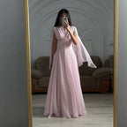 Luxury Pink Beaded Chiffon A Line Dress Cape Sleeves LA73921