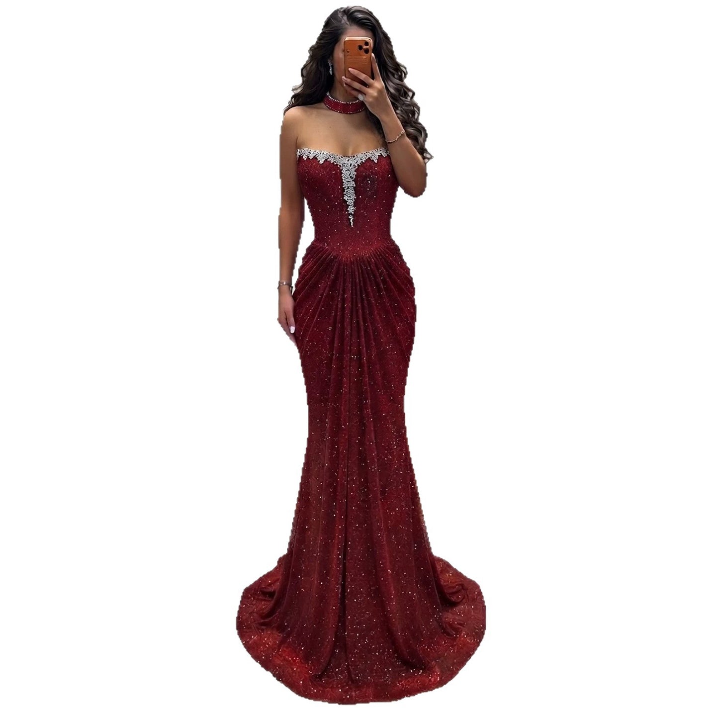 Luxury Wine Red Strapless Beaded Mermaid Evening Dress LA73922