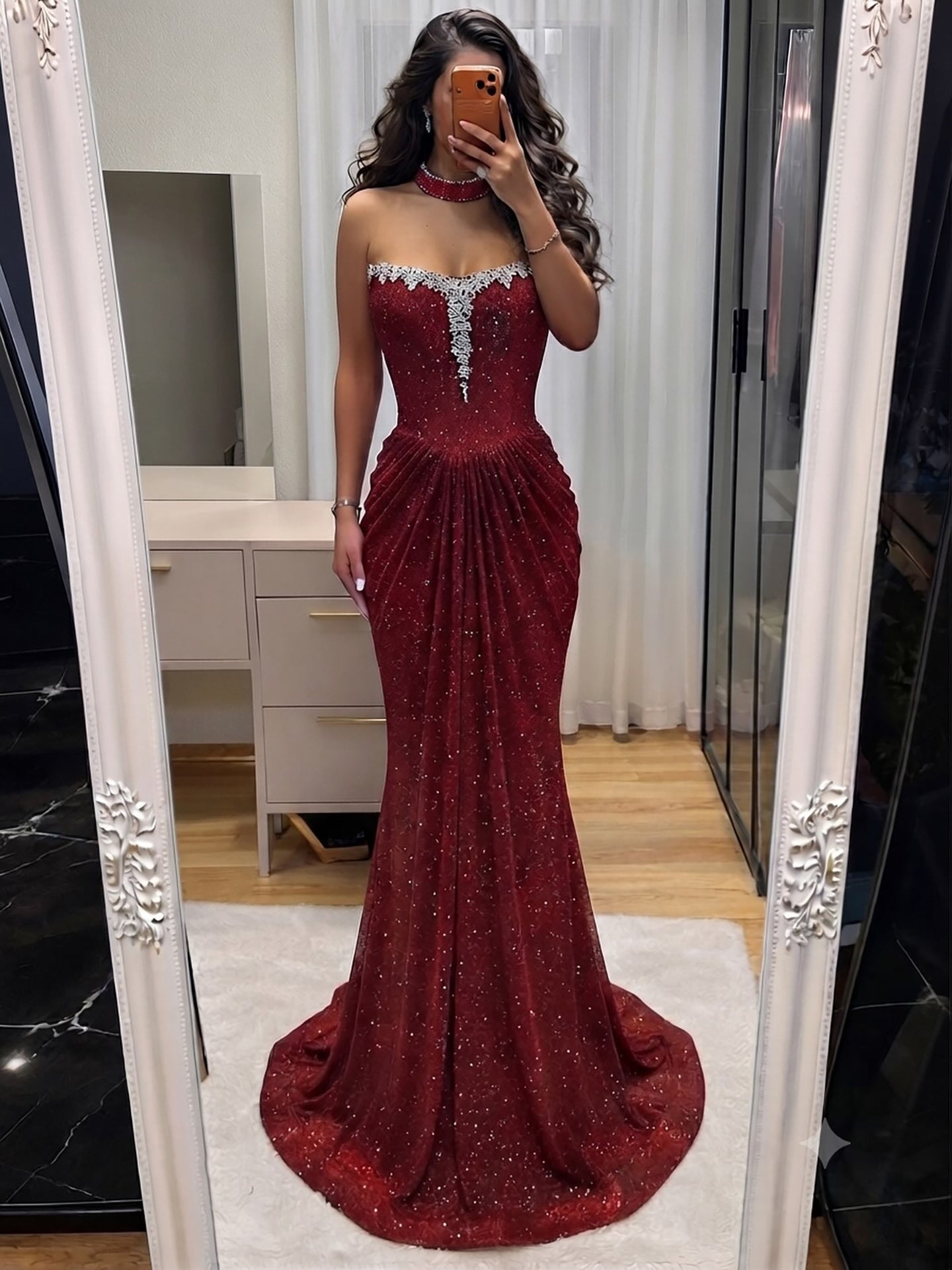 Luxury Wine Red Strapless Beaded Mermaid Evening Dress LA73922