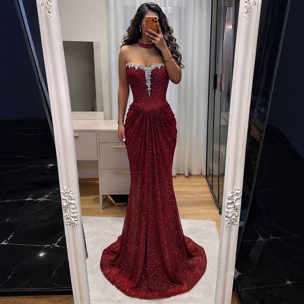 Luxury Wine Red Strapless Beaded Mermaid Evening Dress LA73922