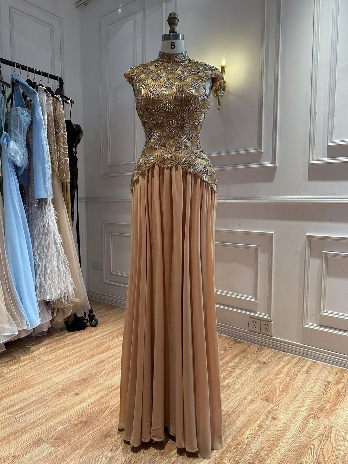 Luxury Gold High Neck Crystal Beaded A Line Dress LA73924