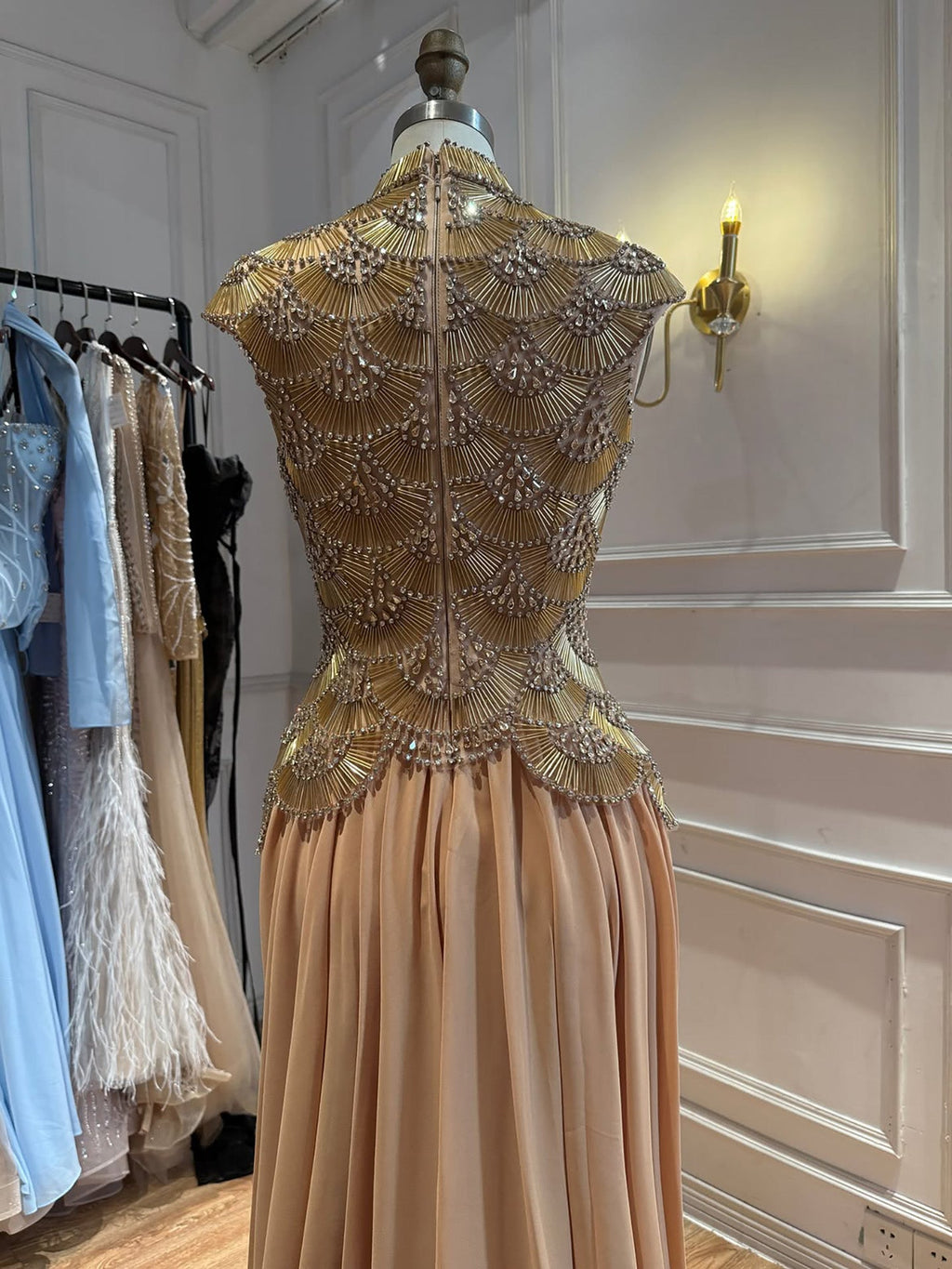 Luxury Gold High Neck Crystal Beaded A Line Dress LA73924