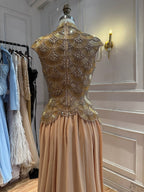 Luxury Gold High Neck Crystal Beaded A Line Dress LA73924