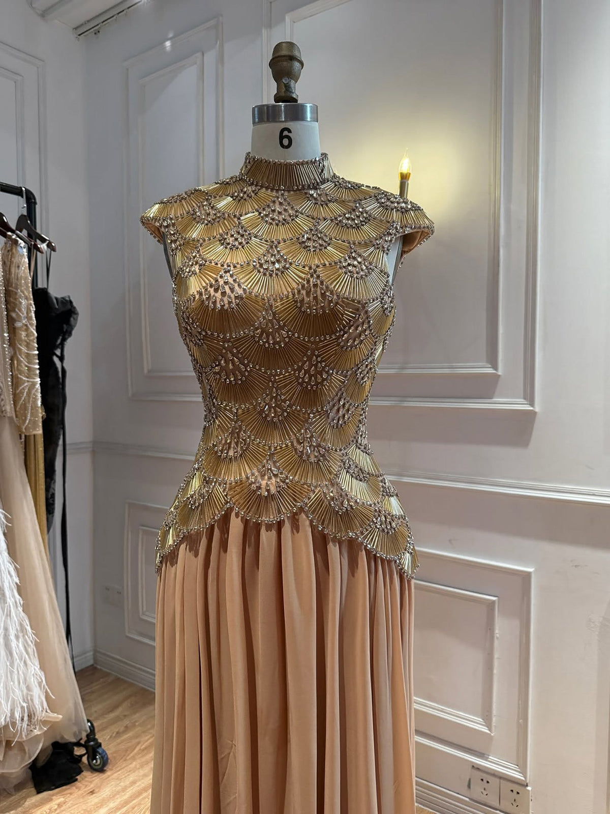 Luxury Gold High Neck Crystal Beaded A Line Dress LA73924