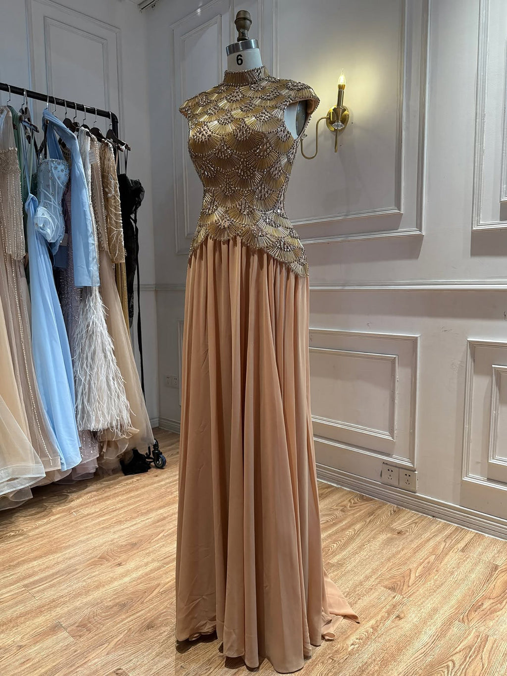 Luxury Gold High Neck Crystal Beaded A Line Dress LA73924