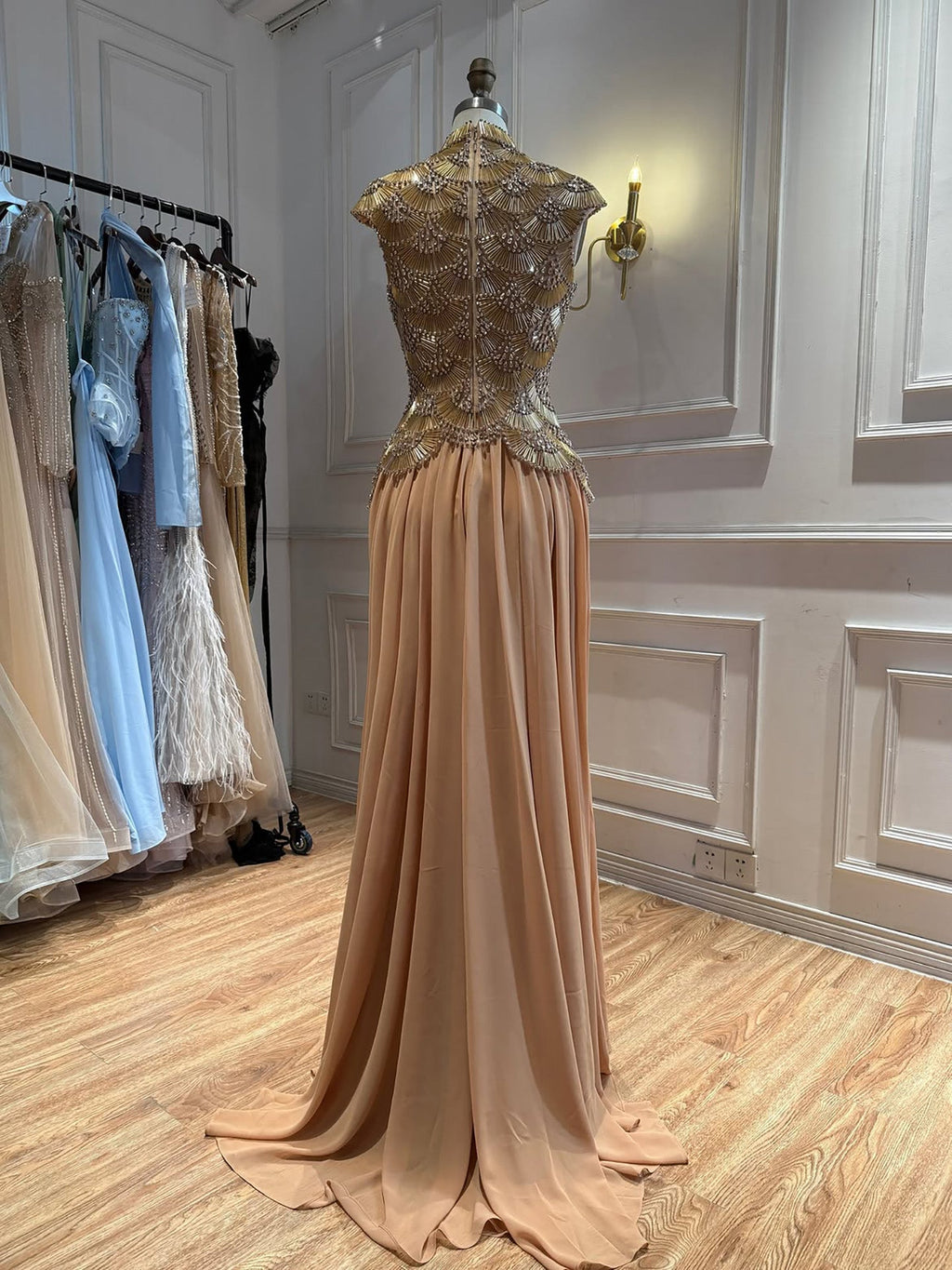 Luxury Gold High Neck Crystal Beaded A Line Dress LA73924