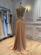Luxury Gold High Neck Crystal Beaded A Line Dress LA73924