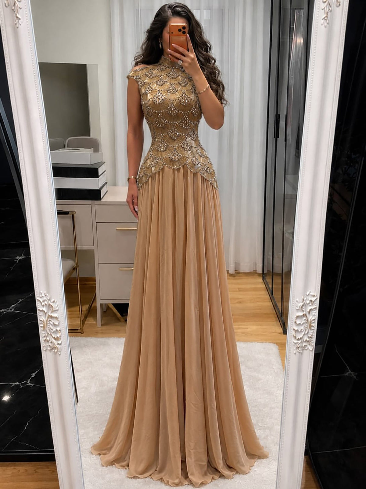 Luxury Gold High Neck Crystal Beaded A Line Dress LA73924