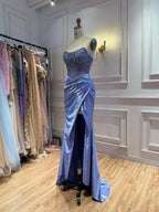 Blue Crystal Beaded High Slit Mermaid Evening Dress LA73937