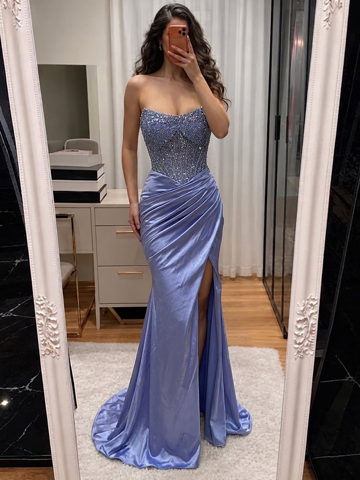 Blue Crystal Beaded High Slit Mermaid Evening Dress LA73937