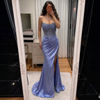 Blue Crystal Beaded High Slit Mermaid Evening Dress LA73937