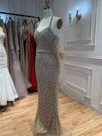Luxury Nude Crystal Beaded Halter Mermaid Evening Dress LA73948