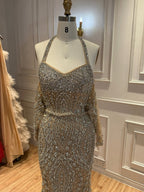 Luxury Nude Crystal Beaded Halter Mermaid Evening Dress LA73948