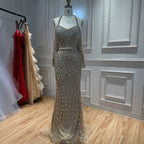 Luxury Nude Crystal Beaded Halter Mermaid Evening Dress LA73948