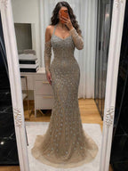 Luxury Nude Crystal Beaded Halter Mermaid Evening Dress LA73948