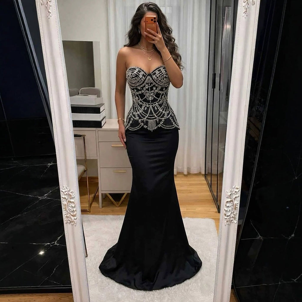 Luxury Black Crystal Beaded Peplum Mermaid Evening Dress LA73949