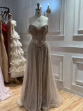 Luxury Caramel Crystal Beaded Off Shoulder A Line Evening Dress LA73951