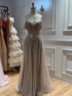 Luxury Caramel Crystal Beaded Off Shoulder A Line Evening Dress LA73951