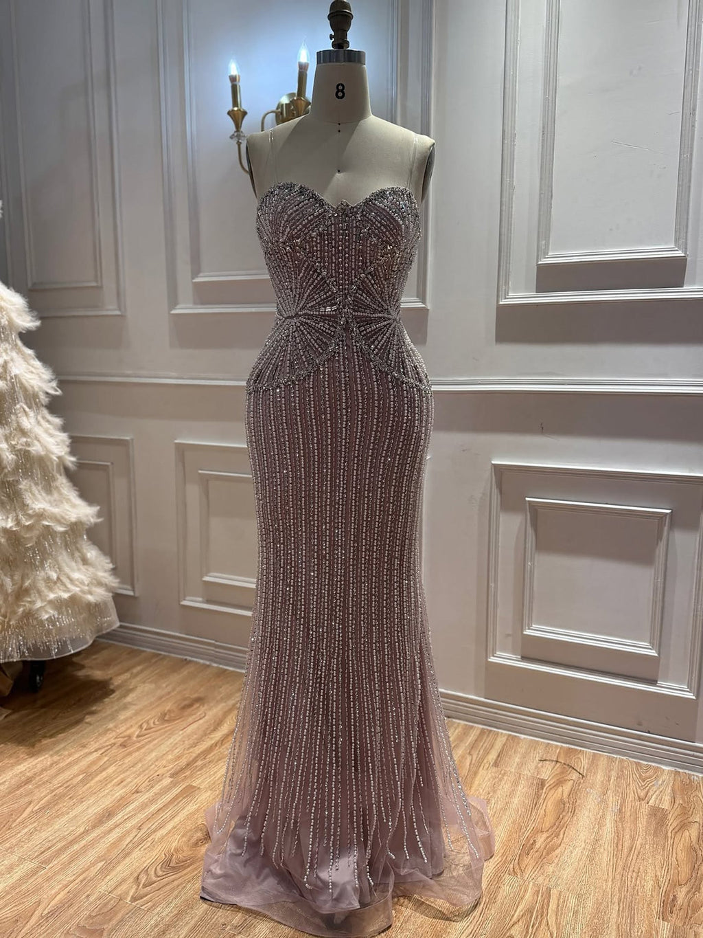 Luxury Navy Blue Strapless Beaded Mermaid Evening Dress LA73952