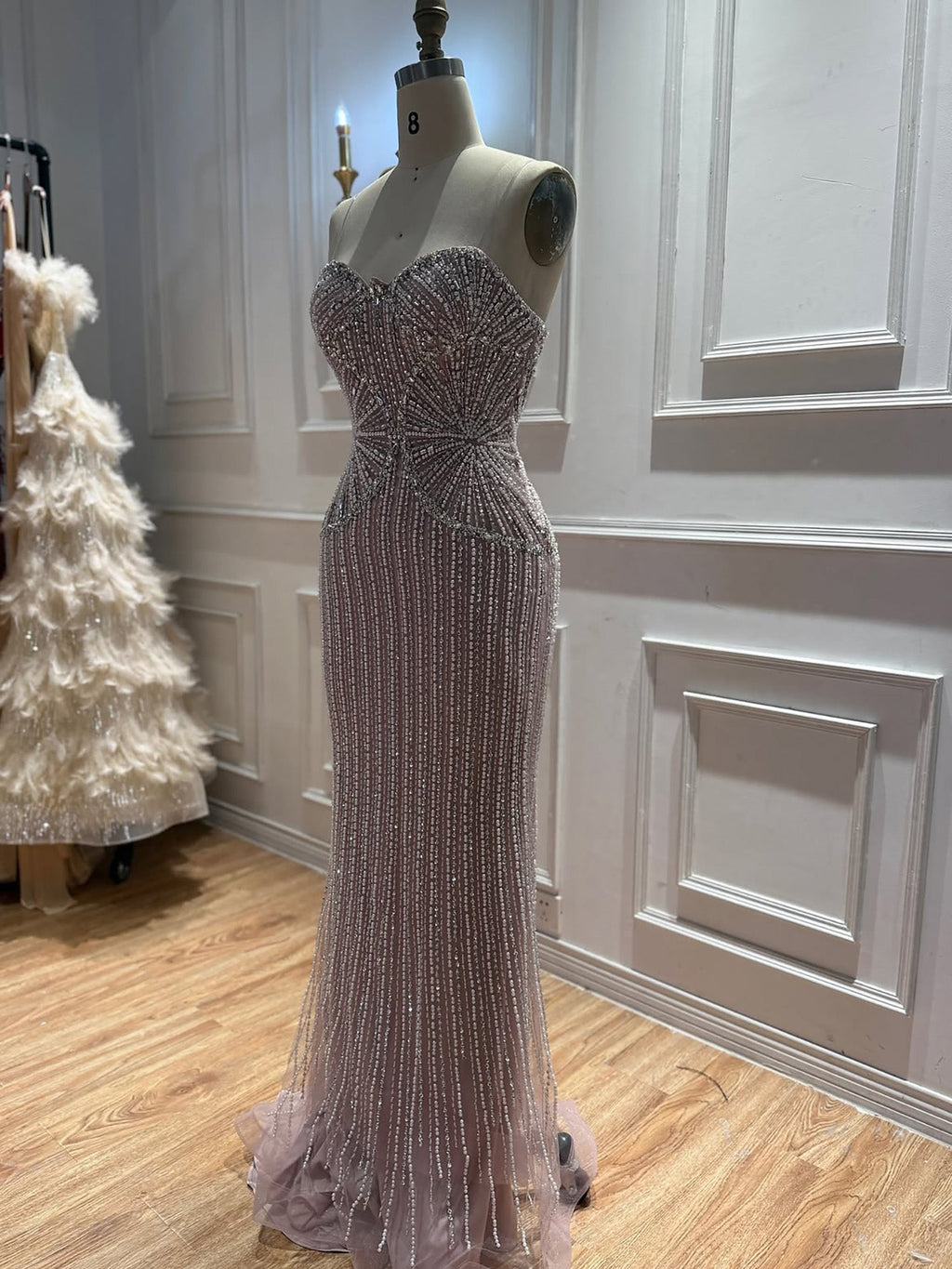 Luxury Navy Blue Strapless Beaded Mermaid Evening Dress LA73952