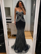 Luxury Navy Blue Strapless Beaded Mermaid Evening Dress LA73952