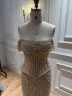 Luxury Nude Crystal Beaded Corset Mermaid Evening Dress LA73954