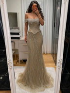 Luxury Nude Crystal Beaded Corset Mermaid Evening Dress LA73954