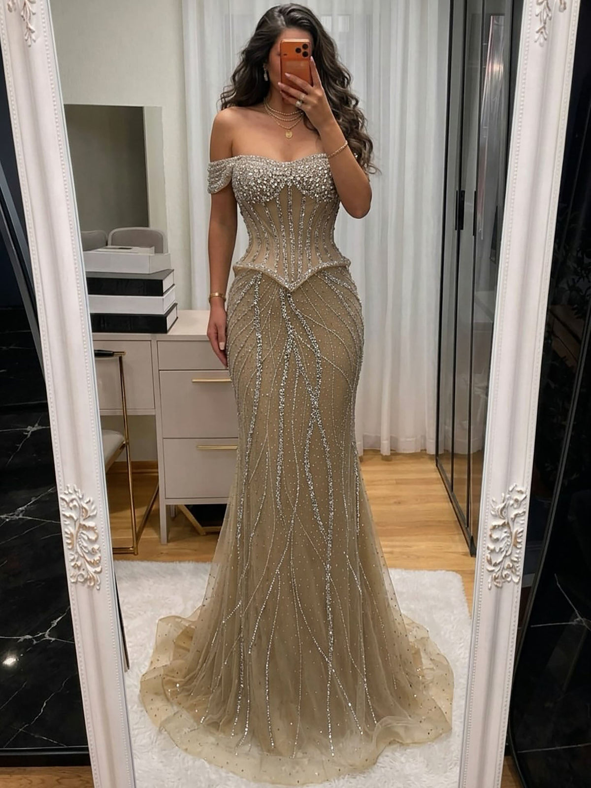 Luxury Nude Crystal Beaded Corset Mermaid Evening Dress LA73954