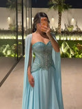 Luxury Blue Beaded A Line Evening Dress with Cape Sleeves LA73957