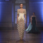 Luxury Beige Beaded Half Sleeve Tiered Mermaid Evening Dress LA73965