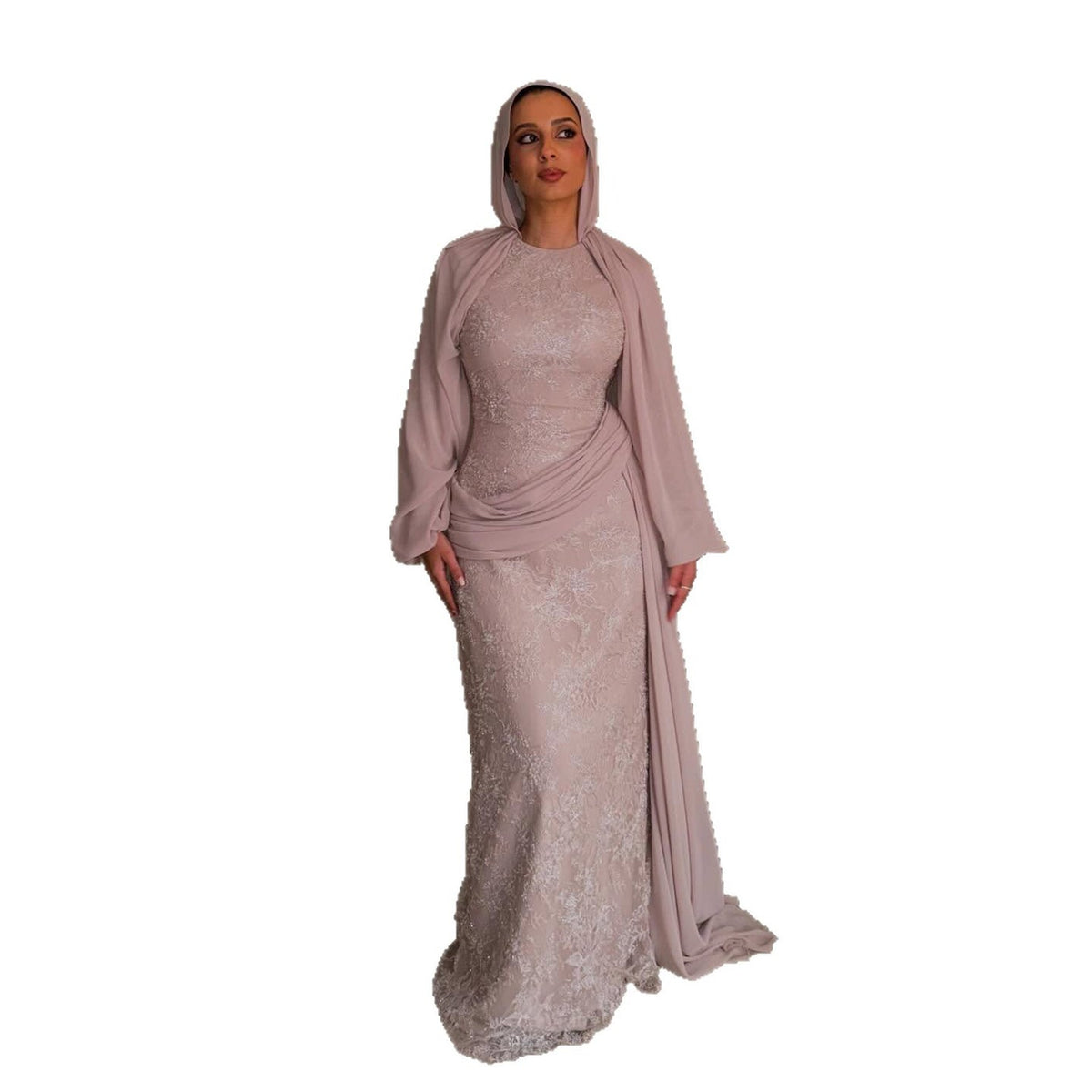 Luxury Nude Muslim Long Sleeve Lace Evening Dress LA73966