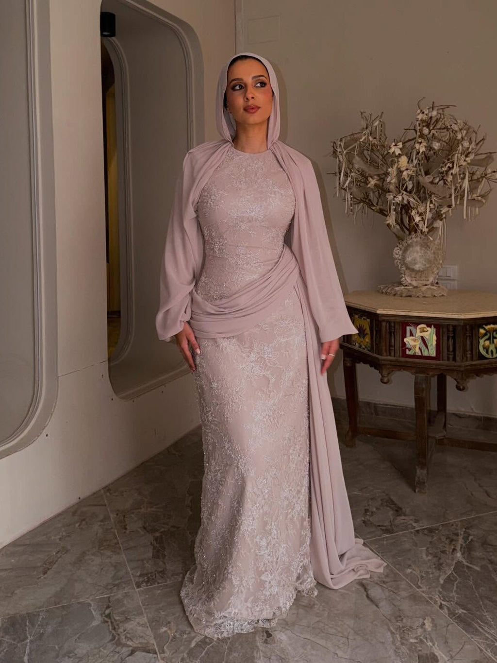 Luxury Nude Muslim Long Sleeve Lace Evening Dress LA73966
