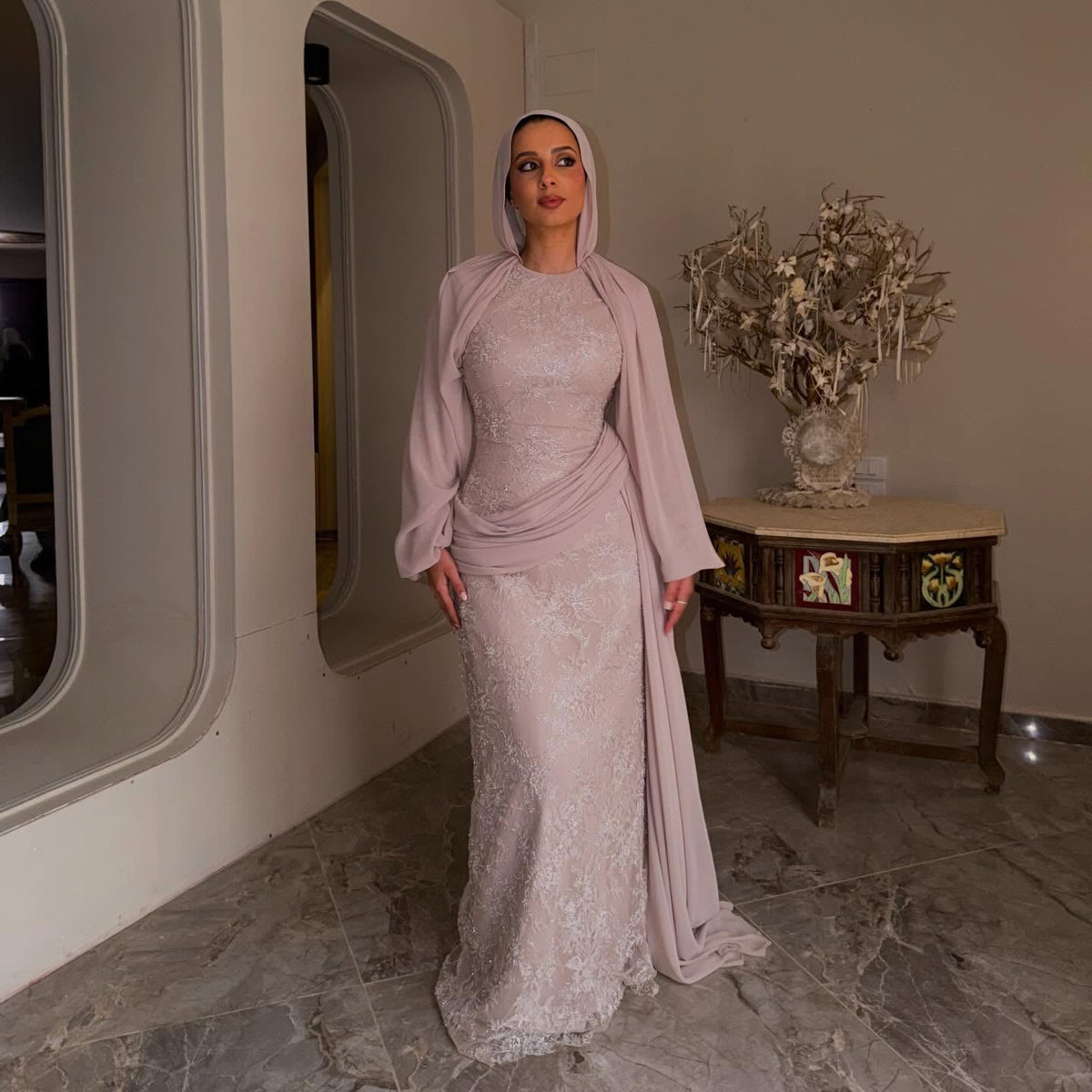 Luxury Nude Muslim Long Sleeve Lace Evening Dress LA73966