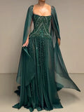 Luxury Green Beaded Cape Sleeves A Line Evening Dress LA73969