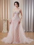 Pink Beaded Spaghetti Strap Mermaid Evening Dress LA73971