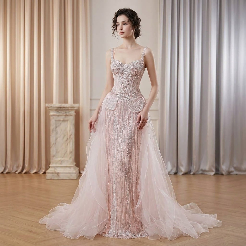Pink Beaded Spaghetti Strap Mermaid Evening Dress LA73971