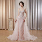 Pink Beaded Spaghetti Strap Mermaid Evening Dress LA73971