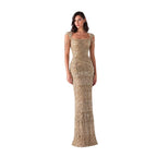 Gold Beaded Tassel Square Neck Mermaid Evening Dress LA73972