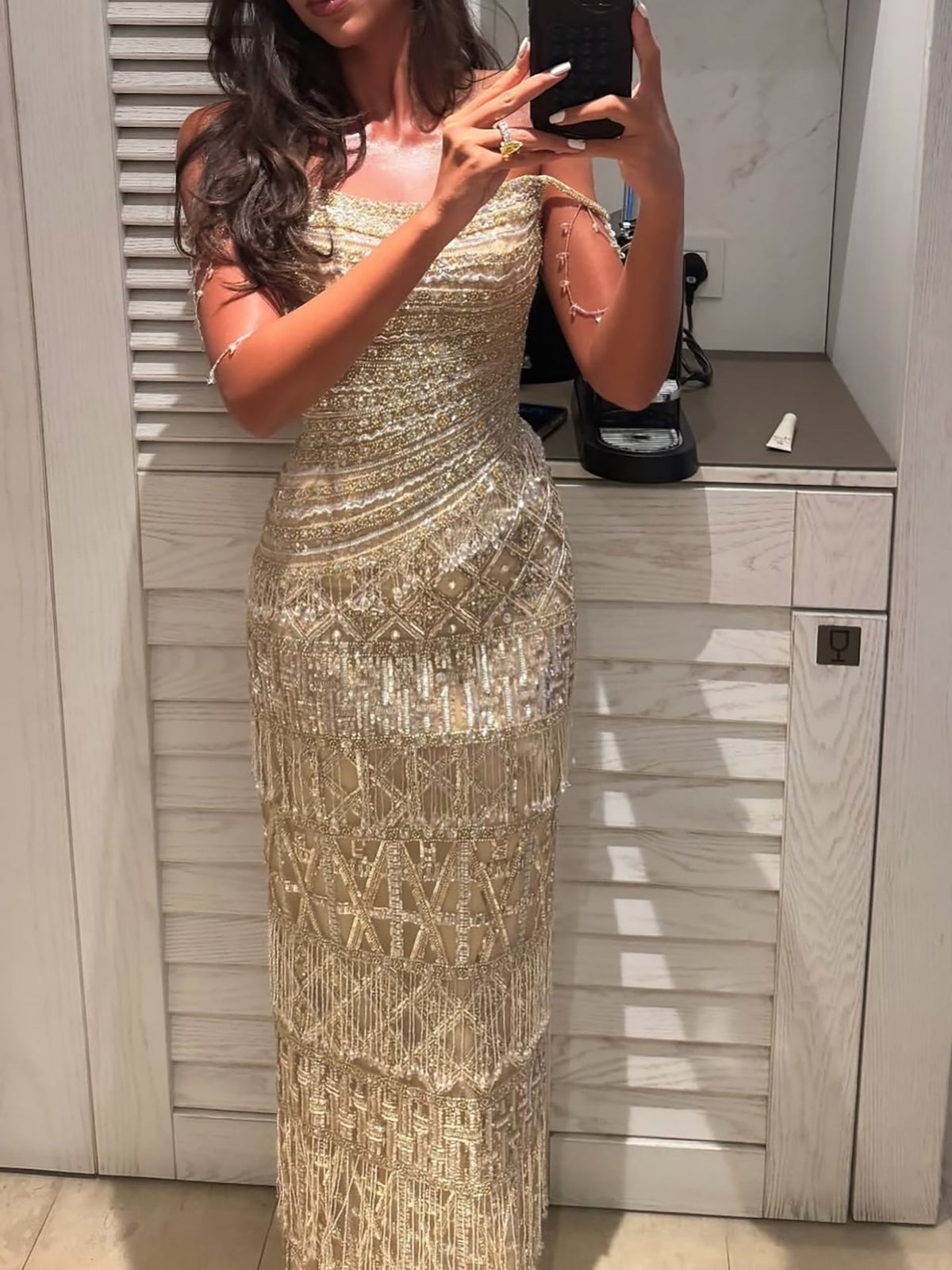 Gold Beaded Tassel Square Neck Mermaid Evening Dress LA73972