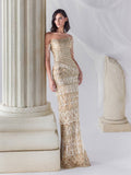 Gold Beaded Tassel Square Neck Mermaid Evening Dress LA73972