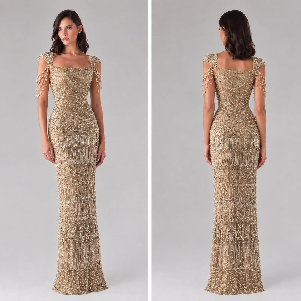 Gold Beaded Tassel Square Neck Mermaid Evening Dress LA73972