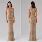 Gold Beaded Tassel Square Neck Mermaid Evening Dress LA73972