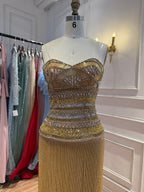 Gold Crystal Beaded Tassel Strapless Column Evening Dress LA73973