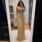 Gold Crystal Beaded Tassel Strapless Column Evening Dress LA73973